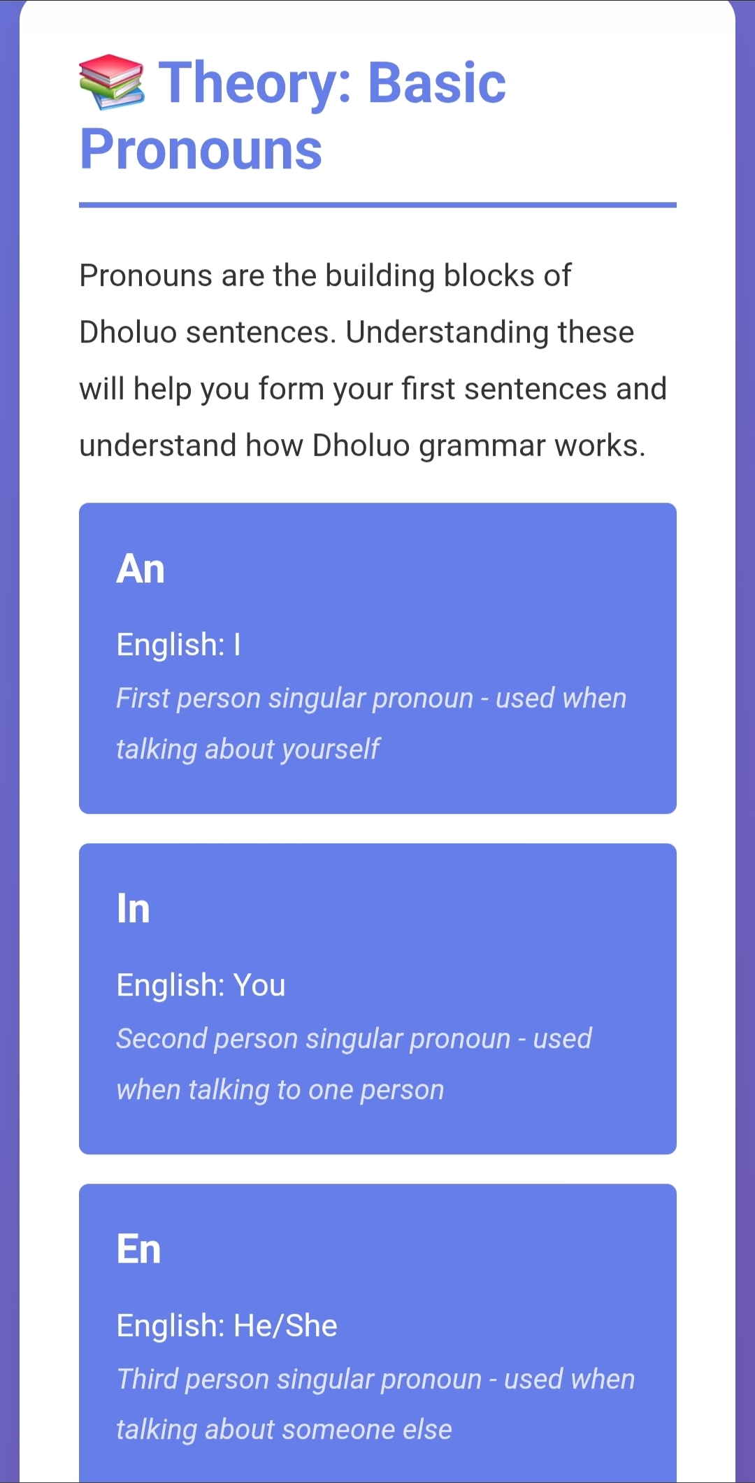 A screenshot showing an excerpt of a lesson on dholuo grammar.