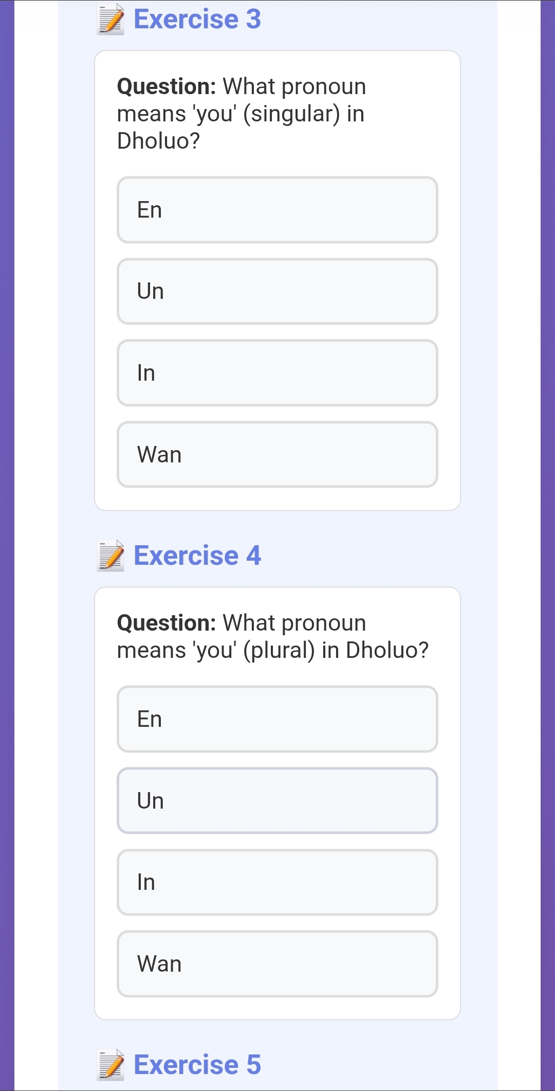 A screenshot of the app showing a practice exercise in dholuo