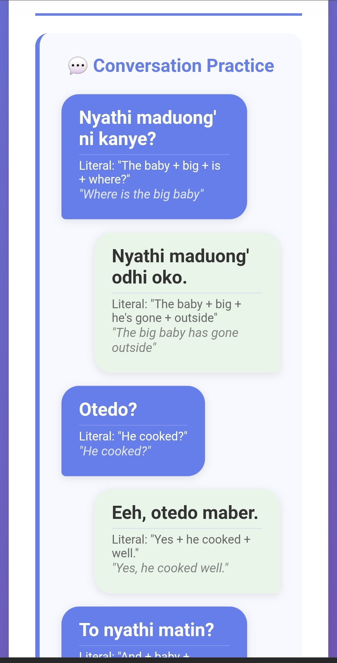 A screenshot of the app showing a practice conversation in dholuo